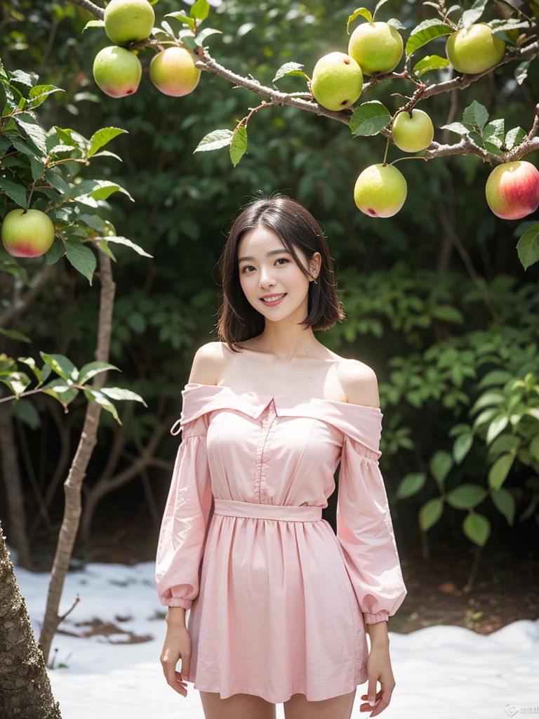 8k, masterpiece, RAW photo, best quality, photorealistic, extremely detailed CG unity 8k wallpaper, Depth of field, Cinematic Light, Lens Flare, Ray tracing, (extremely beautiful face, beautiful lips, beautiful eyes), intricate detail face, ((ultra detailed skin)) 1girl, in the dark, deep shadow, pretty Asian girl, idol, 1 girl, (very slim slender fit-muscled body:1.3), ((looking at viewer)),((big smile:1.3)), Women Summer Buffing Sleeve Off Shoulder Mini Dress a Line Flowy Swing Dress, Pink Dress, verde claro, cetim, Este, vestido de cetim, organza silk, ((Standing in front of Guava Fruits trees)), ((too many Guava Fruits in trees)), ((Perfect yellow big size Guava Fruits)), ((Rose trees)), ((pine trees)), ((Snow Fall)), ((Snow Fall on fruits)), ((snow fall on trees)), ((Apple Orchards)), ((Grape orchards)), Sitting, Eating Fruits, ((Frozen Lake)), ((Detailed body parts)), Detailed fingers, Detailed body, 