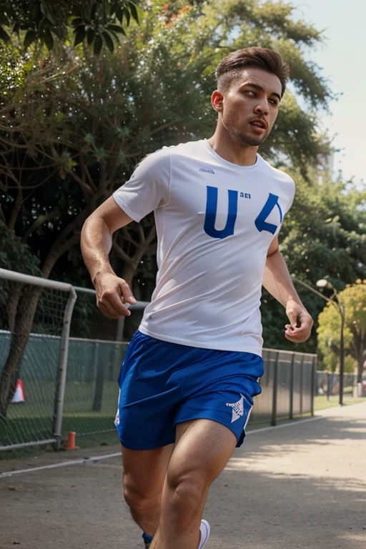 haber haz un hombre con ropa sport con una playera y un short corriendo en el parque