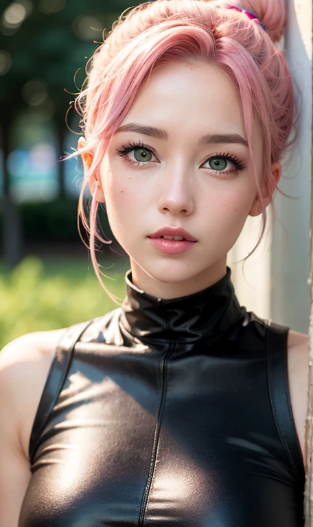 young woman, bubblegum pink hair tied in a bun, wide forehead, porcelain skin, pink eyebrows, emerald green eyes, upturned nose, thick pink lips, heart-shaped face, dark red clothes, Sakura Haruno, realism, well detailed, 3d
