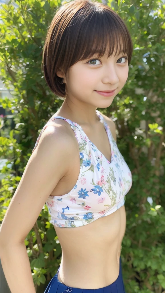 highest quality, Soft Light, Ultra-high resolution, (Realistic:1.4), RAW Photos, whole body、Floral Bikini、small bikini,Japanese old girl, alone, cute, (A shy smile:1), (Brown eyes, Slanted Eyes, Light in your eyes), Beautiful face in every detail, (High resolution detail of human skin texture), (short hair), sexy, Slender body, high school girl, Uniform appearance, whole body, 目尻がキュッと上がったいわゆるSlanted Eyes, The outer corner of the eye is higher than the inner corner of the eye, Looks like a strong will, Eyes with protruding corners、I can see your belly button、I can see your thighs、