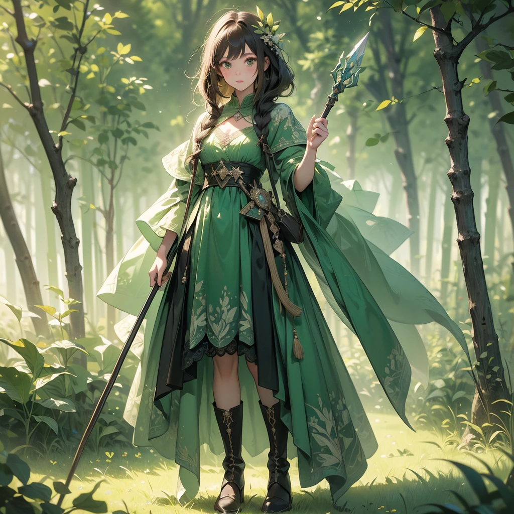 (((masterpiece, best quality, high detailed, 8k))) Design a layout showcase Gaming character, (1girl). Green|Brown attire, natural and harmonious. ((showcase weapon:1.4)), enchanted staff. (masterpiece:1.2), (best quality), 4k, ultra-detailed. (Step by step design, layout art:1.5), (natural lighting, forest glow). forest druid, ((glove full hands)), (((nature-inspired outfit:1.3))), leaf patterns, sturdy boots, (((full_body_shot:1.4))). {In an enchanted forest}.