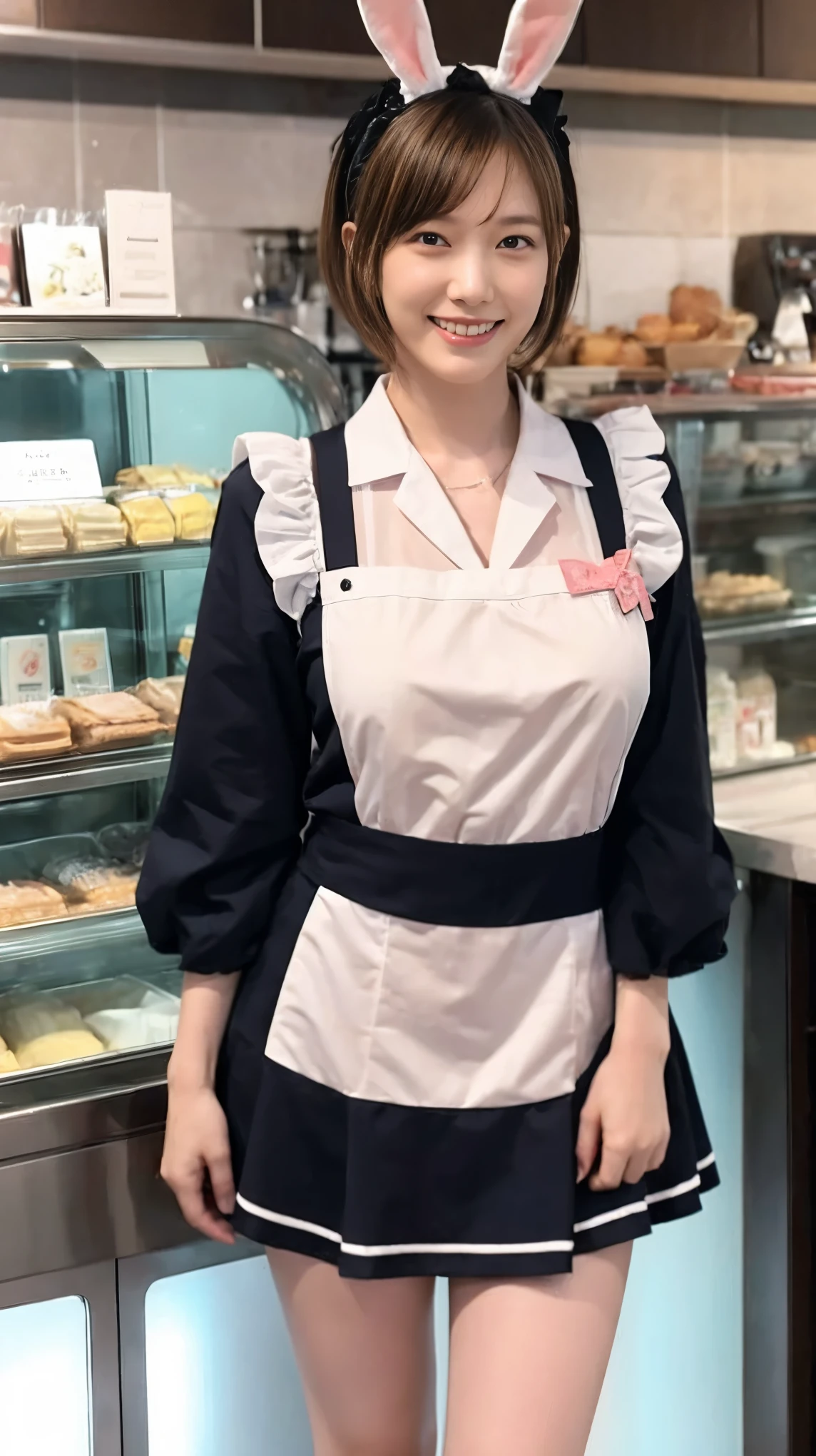 A bunny girl in a light pink maid outfit working at a maid cafe:1.5，The best smile:1.5，Full Body Shot:1.5，Gray background:1.5，Wearing black high heels:1.5，Brown hair, short cut, side wavy:1.5，Similar to Tsubasa Honda:1.5，crouch:1.5