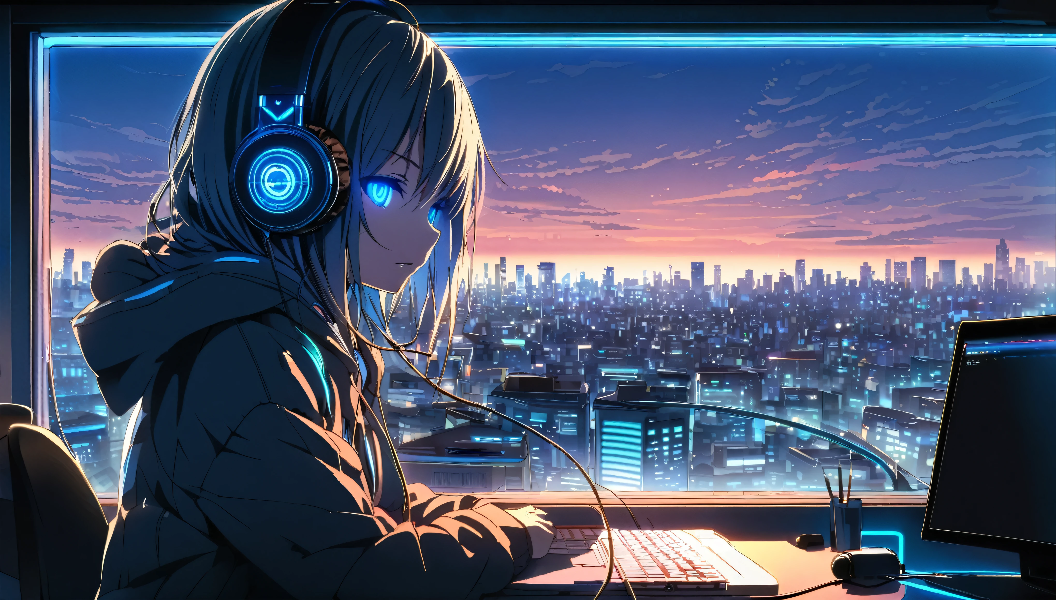  ultra detailed, detailed eyes,1 girl, solo,  jacket with hoodie, cool, headphone, RGB lighting headphones, headphones with blue lighting, headphone with cable, blue lighting, desk work, city thought window, early morning, dawn, wallpaper