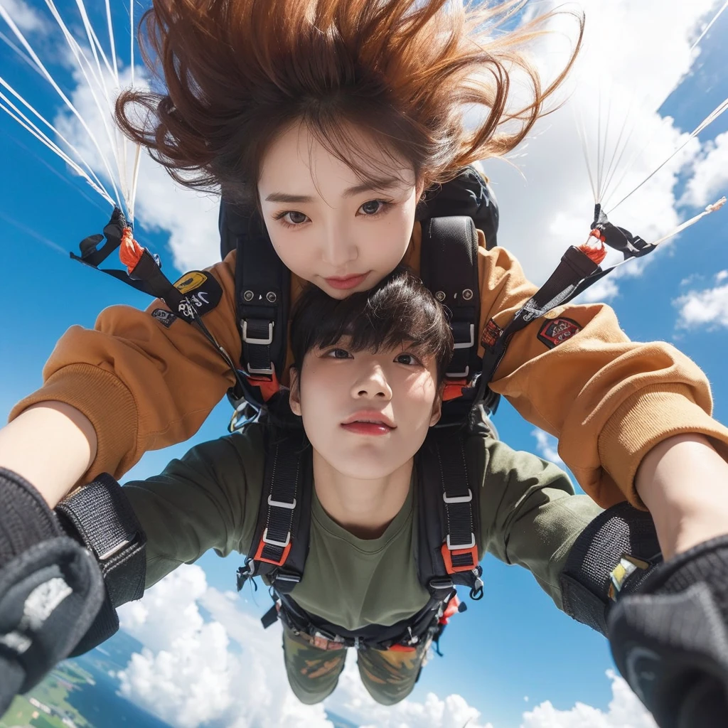 Photo taken from under, Masterpiece, ultra realistic, a pair of Korean couple, plunge down from the sky, head position below, focus photos to the face, hug each other, wear complete accessories parachute, wind gust, backgound blue sky cloud white, sunny weather, detail