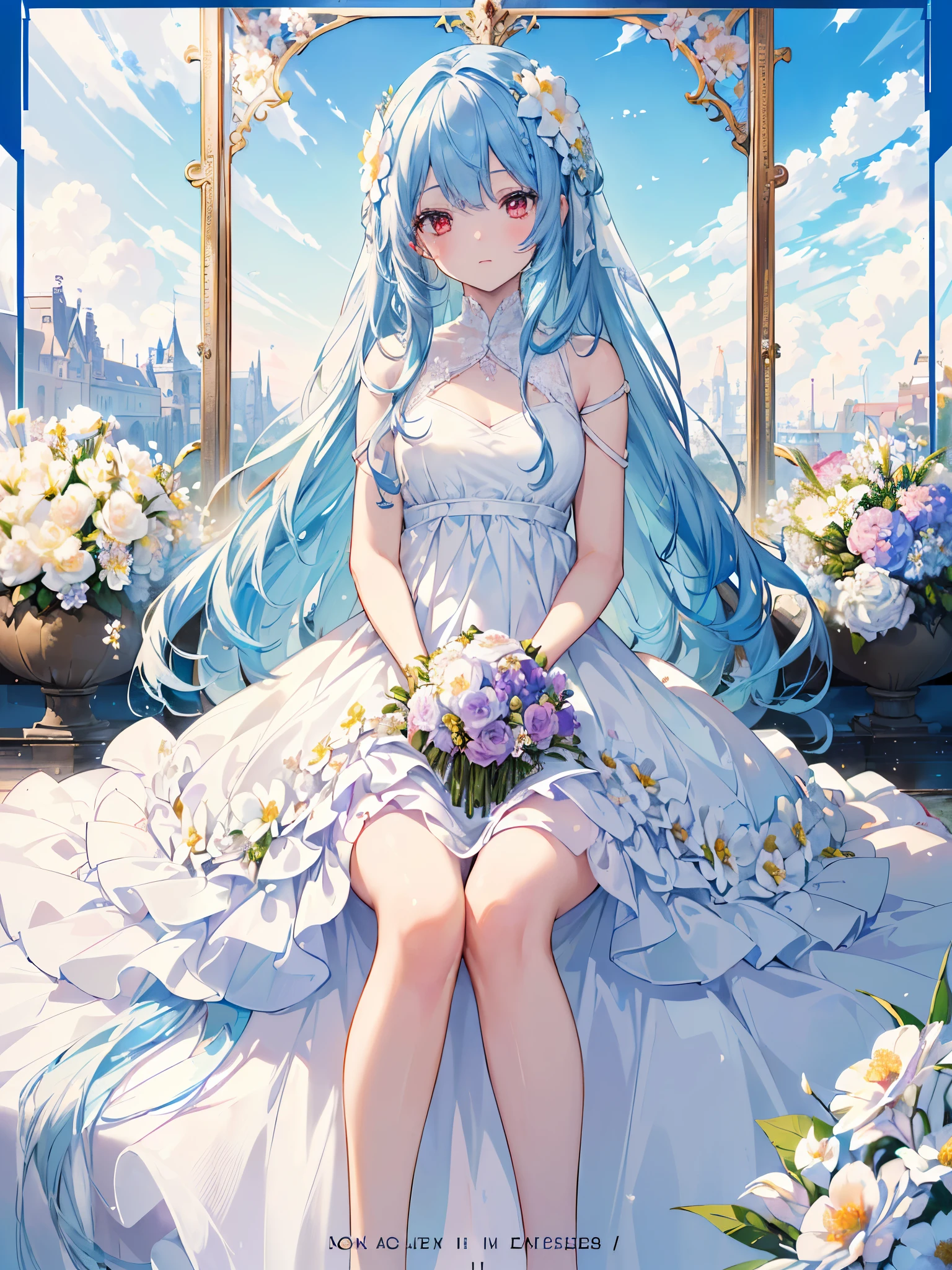 ((best quality)), ((masterpiece)), ((Super detailed)), (illustration), (Detailed lighting), (an extremely delicate and fair), ((prune)), incredible_absurd, (Ray Tracing), (reflected light), ((Movie Posters)), (sign:1.3), (English text:1.3), rest (8k:1.3), wallpaper, 1 Girl, (Girl among flowers:1.4), (Pure sky blue hair, Red Eyes:1.5), Clear skies, external, Super detailed, best quality, Ultimate quality, masterpiece, fair, beautiful, sit on the floor, (Absurdly long hair, Clear boundaries of cloth:1.4), (Pure white dress, Pure white silk cloth:1.5), (Flower land, A thousand flowers, Colorful flowers, The flowers around her, Various flowers:1.51), young, amazing, attractive, Sundress, Wonderful scenery, Pure white shoes