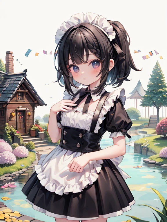 masterpiece, highest quality, Very detailed, 16k, Ultra-high resolution, candyland, full background, Cowboy Shot, Detailed face, Perfect Fingers, -yeld fee, black eye, Black Hair, Braid, Black maid outfit, Candy Forest, House made of sweets, Amber River