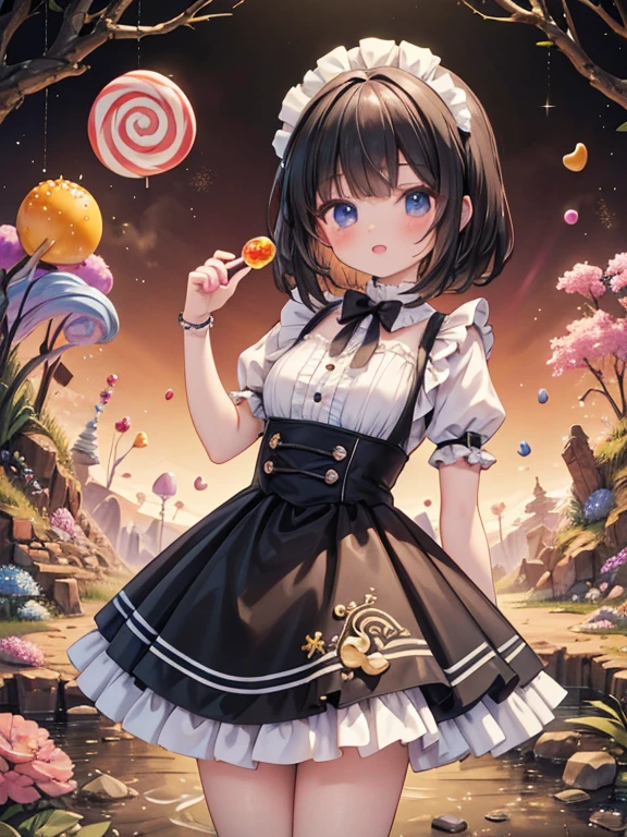 masterpiece, highest quality, Very detailed, 16k, Ultra-high resolution, candyland, full background, Cowboy Shot, Detailed face, Perfect Fingers, 17-year-old female, black eye, Black Hair, Braid, Black maid outfit, Candy Forest, House made of sweets, Amber River