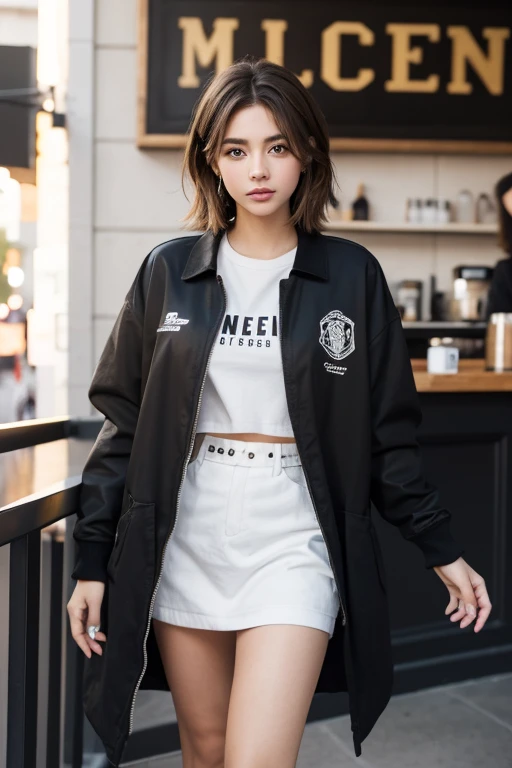 1 chica, ojos brillantes, Rubor, perfect lighting, Brown hair, ojos color nuez, motor irreal, side lighting, cara detallada, linda, Piel brillante, background of standing outside a coffee shop, fondo cafeteria ,una falda plisada color ?????, un top color negro y una chaqueta de cuero color ????? y unas botas largas color negro