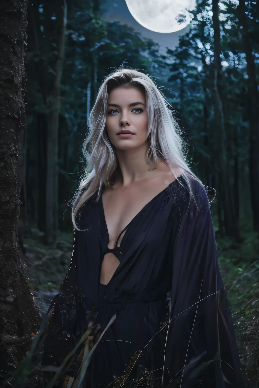 Aasimar, Twilight Cleric, Silver hair, Blue eyes, glowing eyes, moonlit forest, female