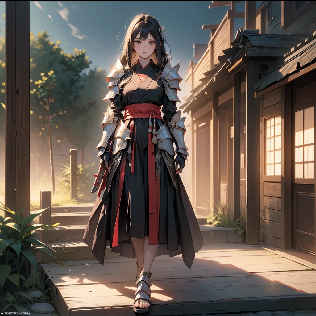 (((masterpiece, best quality, high detailed, 8k))) Design a layout showcase Gaming character, (1girl). Red|Black armor, disciplined and honorable. ((showcase weapon:1.4)), katana. (masterpiece:1.2), (best quality), 4k, ultra-detailed. (Step by step design, layout art:1.5), (sunset lighting, tranquil aura). samurai warrior, ((glove full hands)), (((traditional armor:1.3))), decorative elements, wooden sandals, (((full_body_shot:1.4))). {In a serene Japanese garden}.