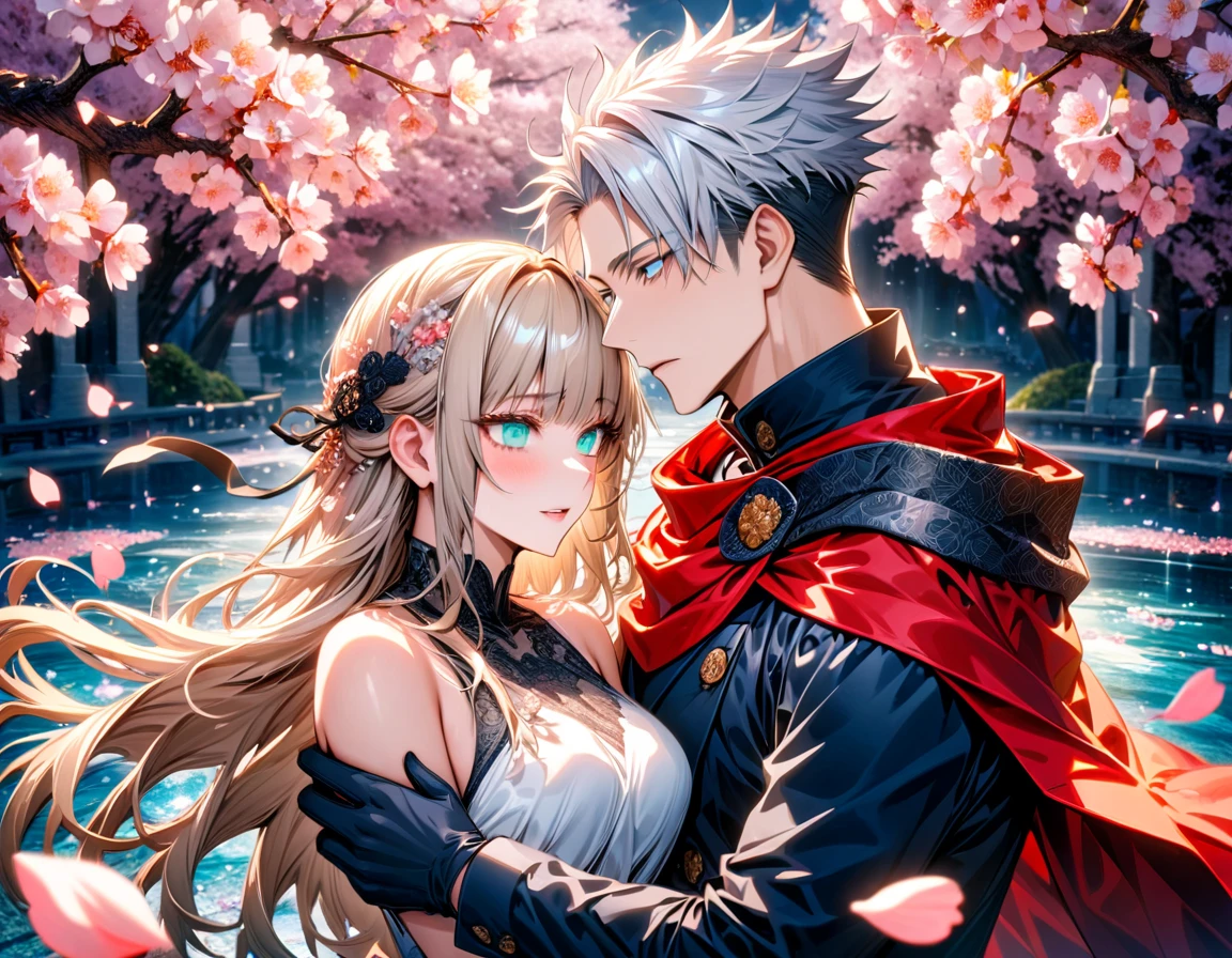Ultra detailed, highres, absurdres, HDR, master piece, Gojo Satoru, white hair with bangs, hair between the eyes, white eyelashes, expressive blue eyes, Aida, ash blond hair with bangs, green eyes, white fantasy dress with black patterns, red cape, Jujutsu Kaisen, fantasy, petals, cherry blossoms, water, black ribbon on her hair, black gloves, a handsome man together with a beautiful woman, sexy, couple, love, magic,