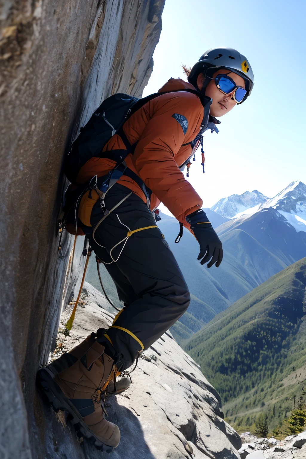 Himalayan climbing、 ◦ Equipment: cold weather clothing、gloves、hat、sunglasses、goggles。 ◦ Hiking boots、Crampons、Helmet、Supporter、“I am climbing the north face.”