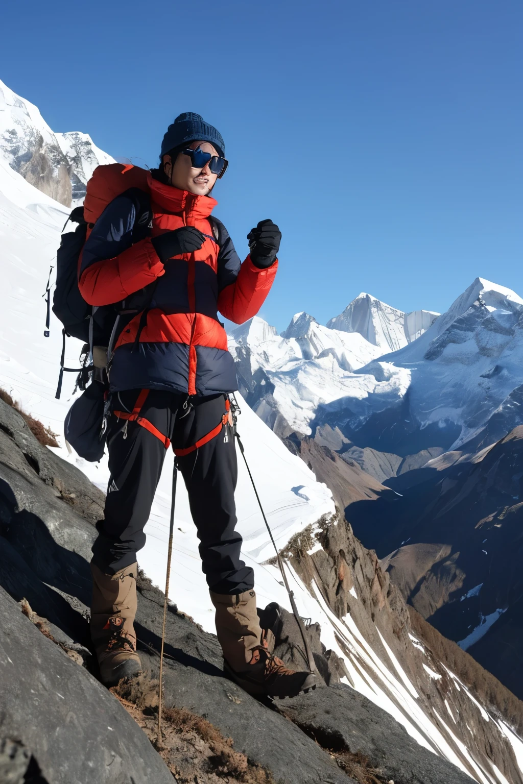 Himalayan climbing、 ◦ Equipment: cold weather clothing、gloves、hat、sunglasses、goggles。 ◦ Hiking boots、Crampons、Helmet、Supporter、“I am climbing the north face.”