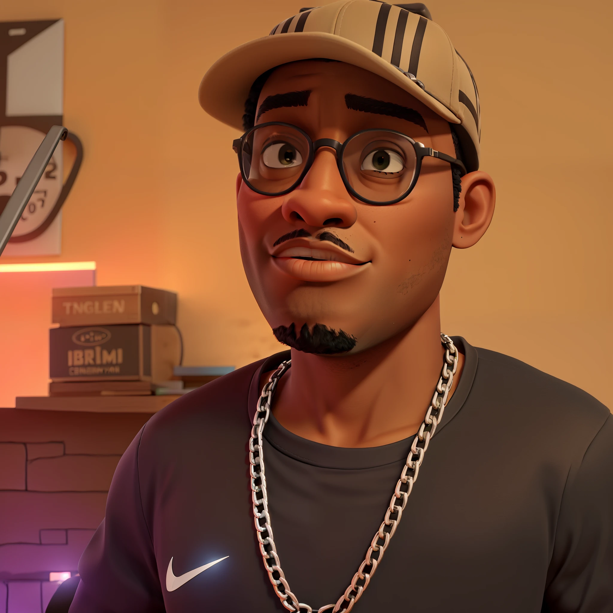 African-american man with round face, serious face expression, wearing cap, chain, glasses with black lens and wall background