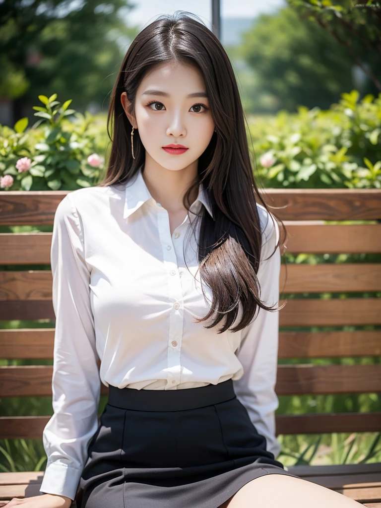 Realistic photos of (1 cute Korean star) medium hair, slightly smile, 32 inch breasts size,wearing white shirt, black skirt, sitting on a bench in front of village, close-up, UHD
