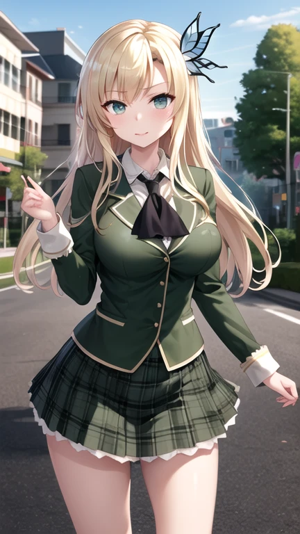 masterpiece, best quality, highres, Kashiwazaki Sena, long hair, hair ornament, large breasts, black neckerchief, blazer, green jacket, long sleeves, plaid skirt, green skirt, standing, cowboy shot, outdoors