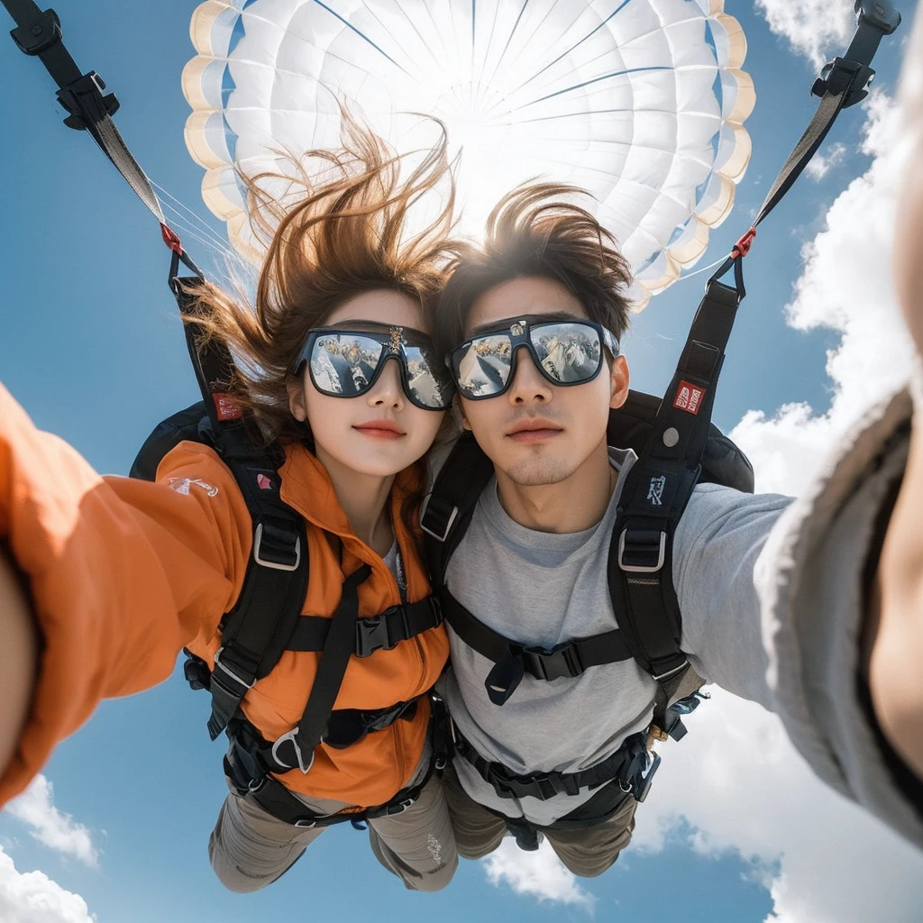 Photo taken from under, Masterpiece, ultra realistic, a pair of Korean couple, plunge down from the sky, head position below, focus photos to the face, hug each other, wear complete accessories parachute, wind gust, backgound blue sky cloud white, sunny weather, detail