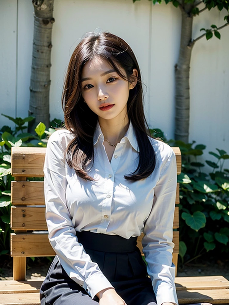 Realistic photos of (1 cute Korean star) medium hair, slightly smile, 32 inch breasts size,wearing white shirt, black skirt, sitting on a bench in front of village, close-up, UHD