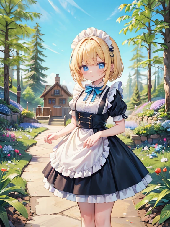 masterpiece, highest quality, Very detailed, 16k, Ultra-high resolution, candyland, full background, Cowboy Shot, Detailed face, Perfect Fingers, 17-year-old female, blue eyes, Blonde, Braid, Black maid outfit, Candy Forest, House made of sweets, Blue sky, Walking the Streets