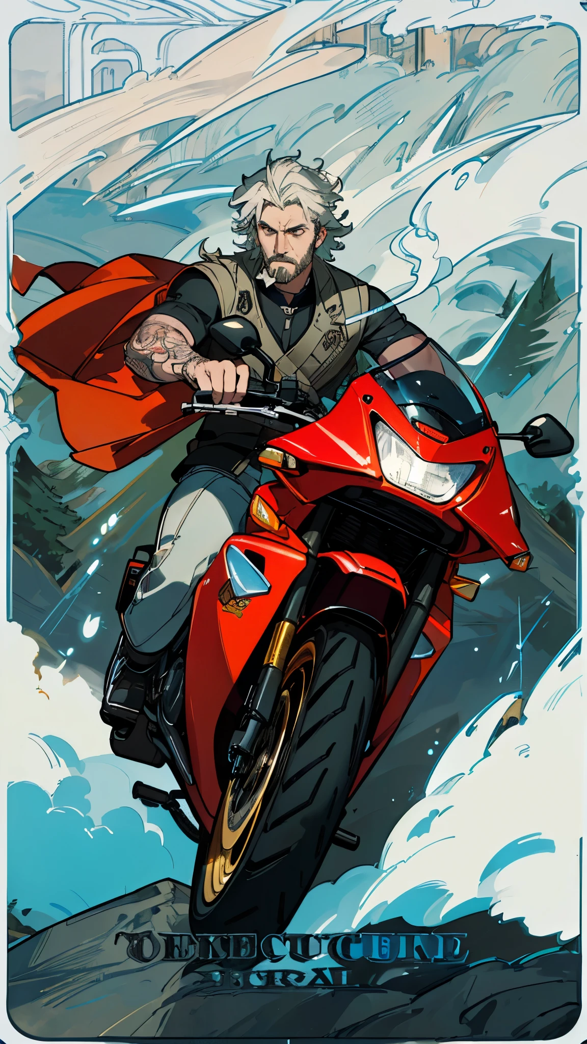 (ultra realistic, highly detailed:1.4), best quality, masterpiece, perfect face, male, tall, short hair, beard, thor, motorcycle, bad guy, tattoos, smoking, handsome, strong, riding motorcycle, mountain nature forest background