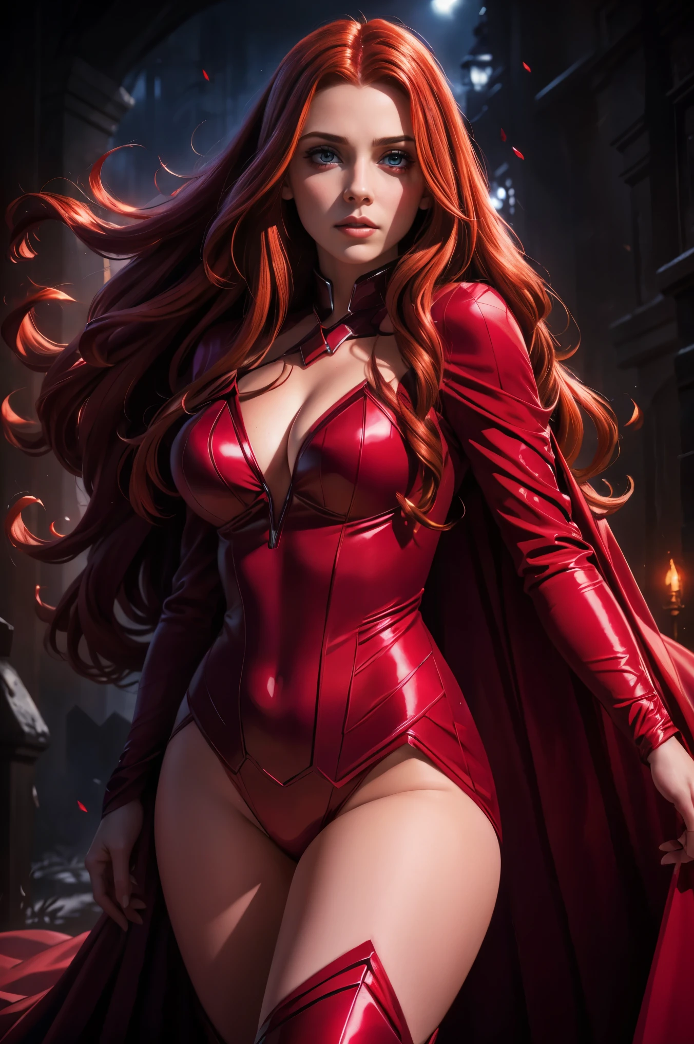 best quality,ultra-detailed,realistic,sexy scarlet witch,beautiful detailed eyes, beautiful detailed lips, long red hair, witch costume, glowing magical powers, intense gaze, confident posture, dark and mysterious background, vibrant colors, enchanting art style, dramatic lighting