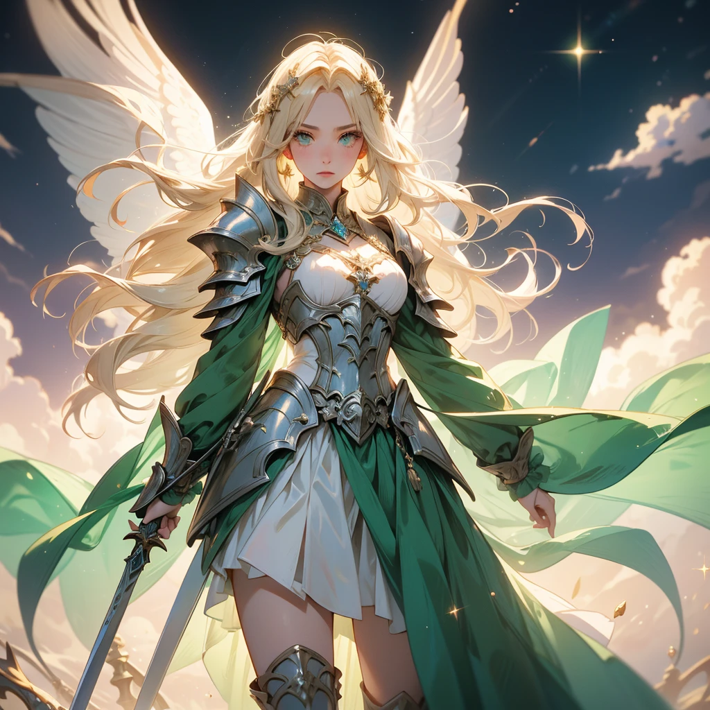 A stunning artwork of a valiant female warrior standing in a radiant celestial realm. The full-body view showcases her in elegant and majestic armor of white, blue, and gold, exuding an aura of divine strength and grace. Her long, flowing blonde hair frames a face of determined beauty, highlighted by green eyes that sparkle with fierce courage and noble resolve. She holds a celestial sword, intricately designed and glowing with divine energy, adding to her imposing presence.
The scenery around her is a luminous heavenly landscape, with shining clouds and golden light bathing the surroundings. Celestial symbols and floating orbs of light enhance the ethereal atmosphere, creating a scene of otherworldly splendor.