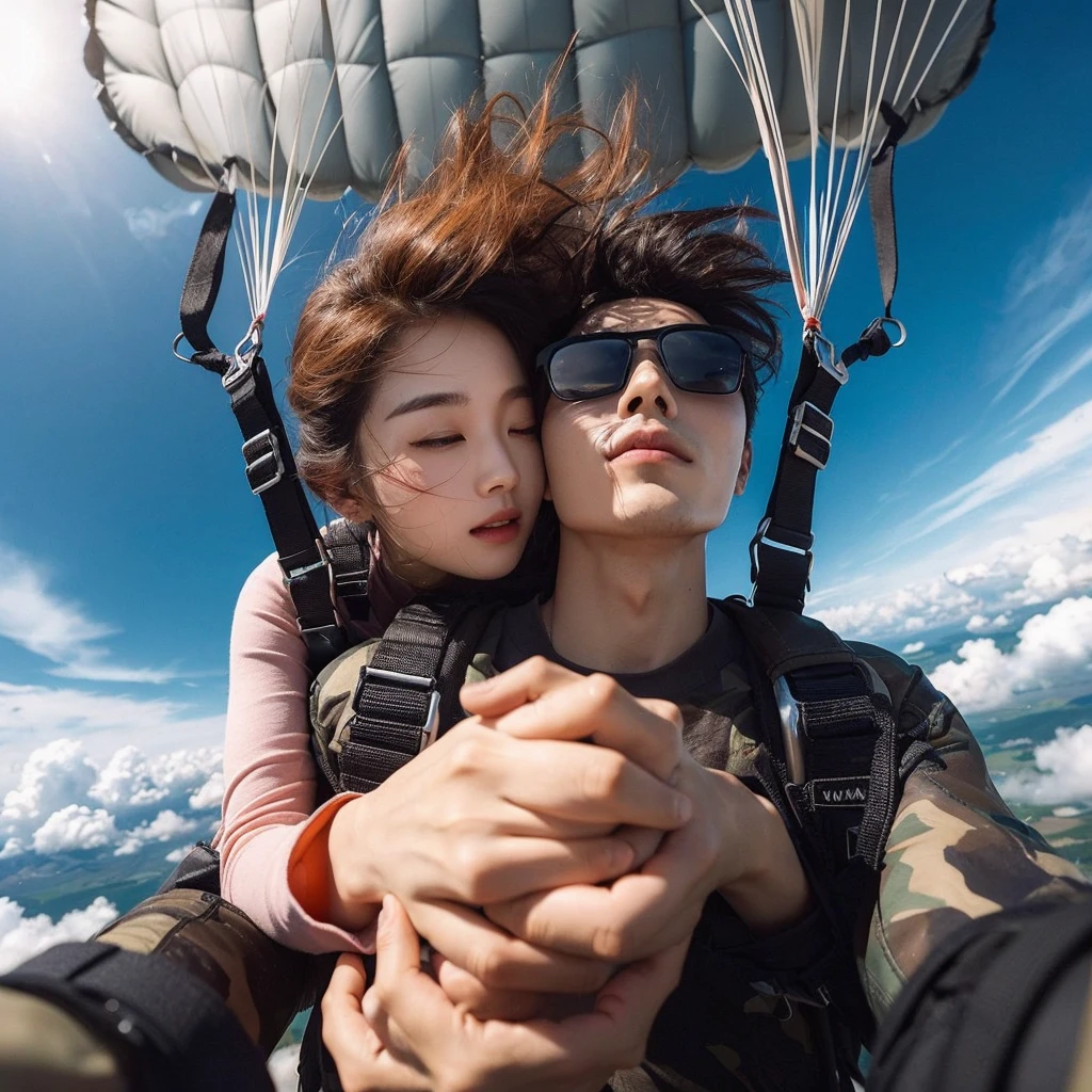 Photo taken from under, Masterpiece, ultra realistic, a pair of Korean couple, plunge down from the sky, head position below, focus photos to the face, hug each other, wear complete accessories parachute, wind gust, backgound blue sky cloud white, sunny weather, detail