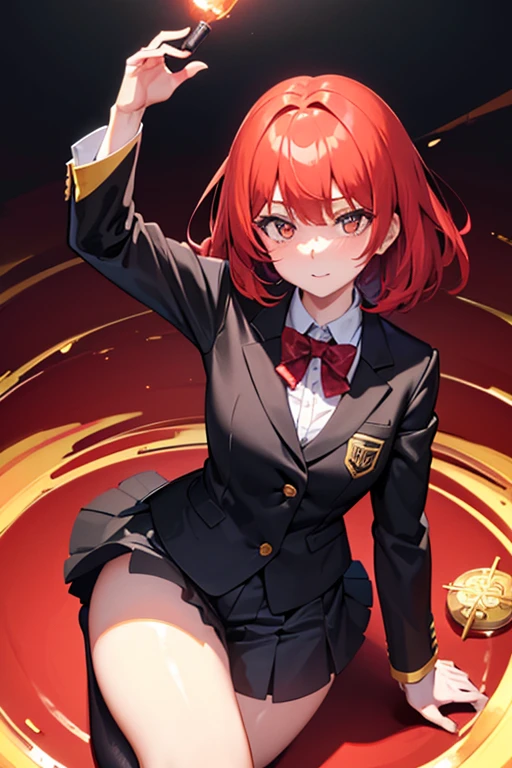Girl, fair skin, gold eyes, short red fluffy hair, black blazer, HD, cute, anime, {schoolgirl}