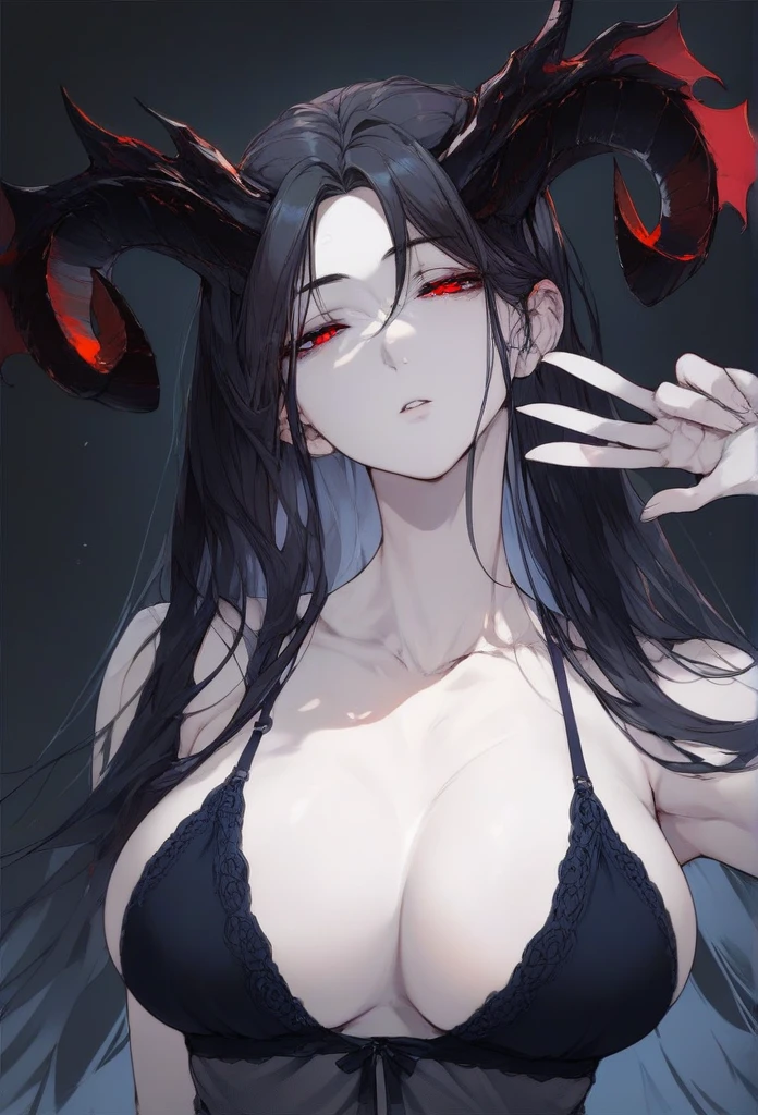 masterpiece, Score_9, Score_8_up, Score_7_up, rear view, 1 woman, alone, black hair with red , long hair, split bangs, dark red eyes, half-closed eyes, parted lips, expressionless, pale skin, large breasts, upper body, nightgown black with a V-neckline, black background, the best quality, horns up, long parted bangs.