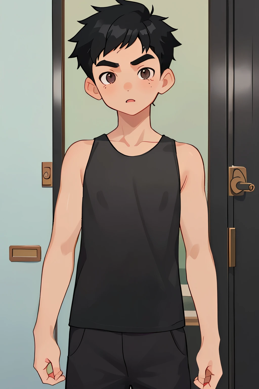 arafed boy in black tank top standing in front of a door, boy has short black hair, detailed face of a asian boy, south east asian with round face, boy with neutral face, tommy 1 , 1 6 years oldomas huang, damien tran, asian male, boy thin face, handsome chad chin, 1 / 2 headshot