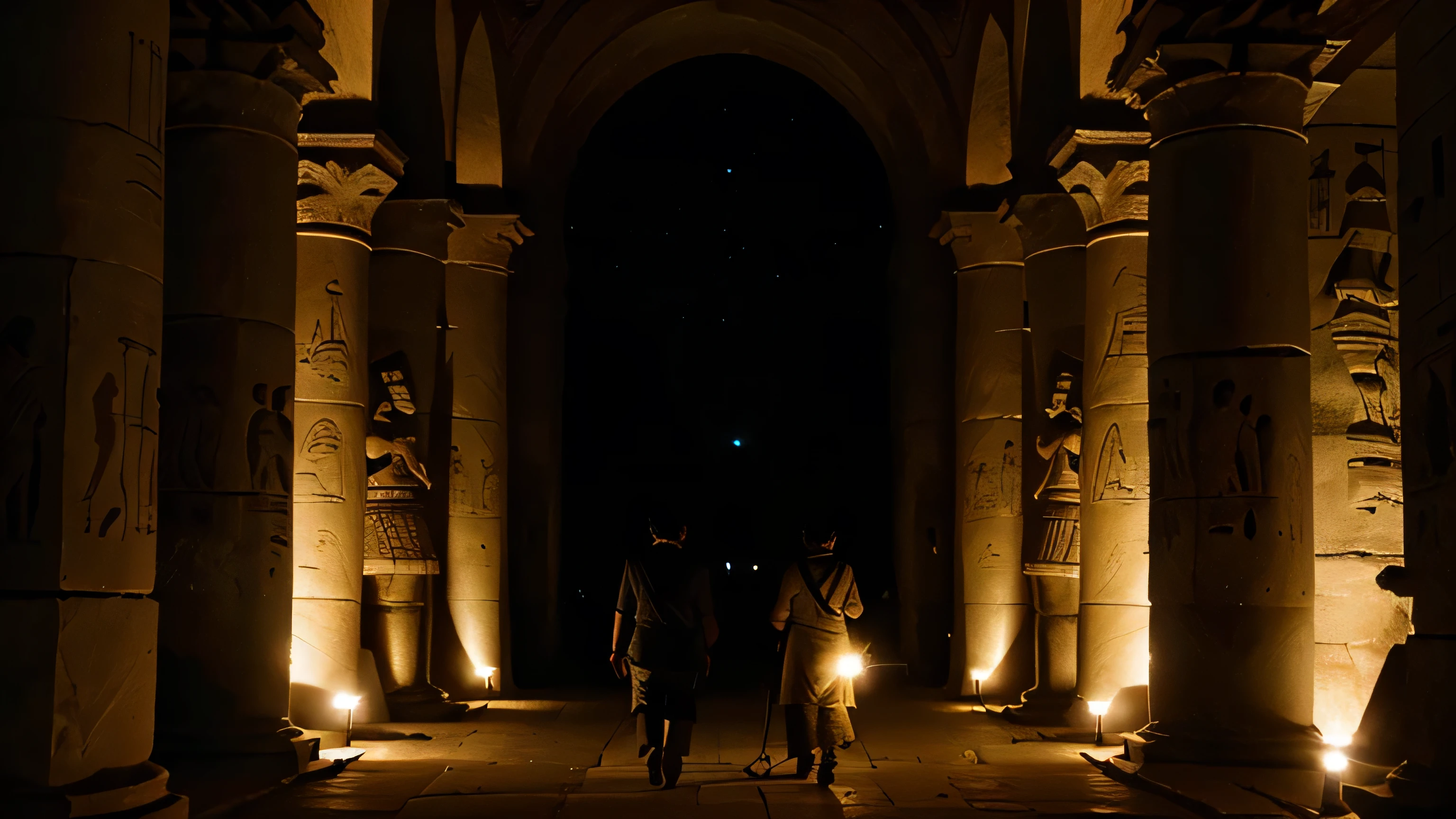 image shows the team slowly walking behind David, examining the walls and ancient egyptian statues. They use torches and electric lamps to illuminate the way