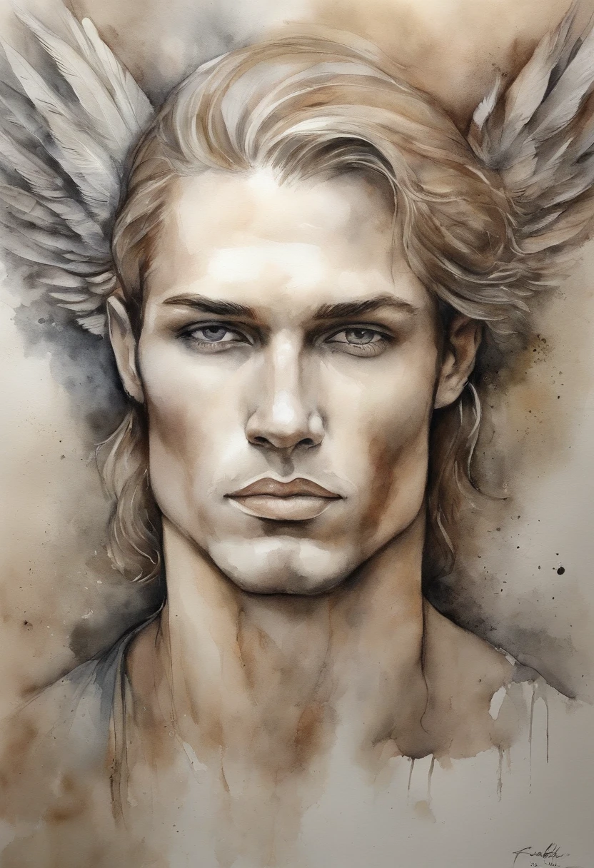 A zoomed in view of a handsome and sexy young man with angel wings , capturado em cores , his eyes looking directly at the viewer with an intense expression, his features etched with a sense of mystery and allure, cercado por tufos de neblina, adding an ethereal touch, Escultura,  Homen sexy Bonito atletico beleza italiana angelical com asas e plumas . Aquarela tinta pintura. Textura de tintas aquarela pingos e respingos de tinta  