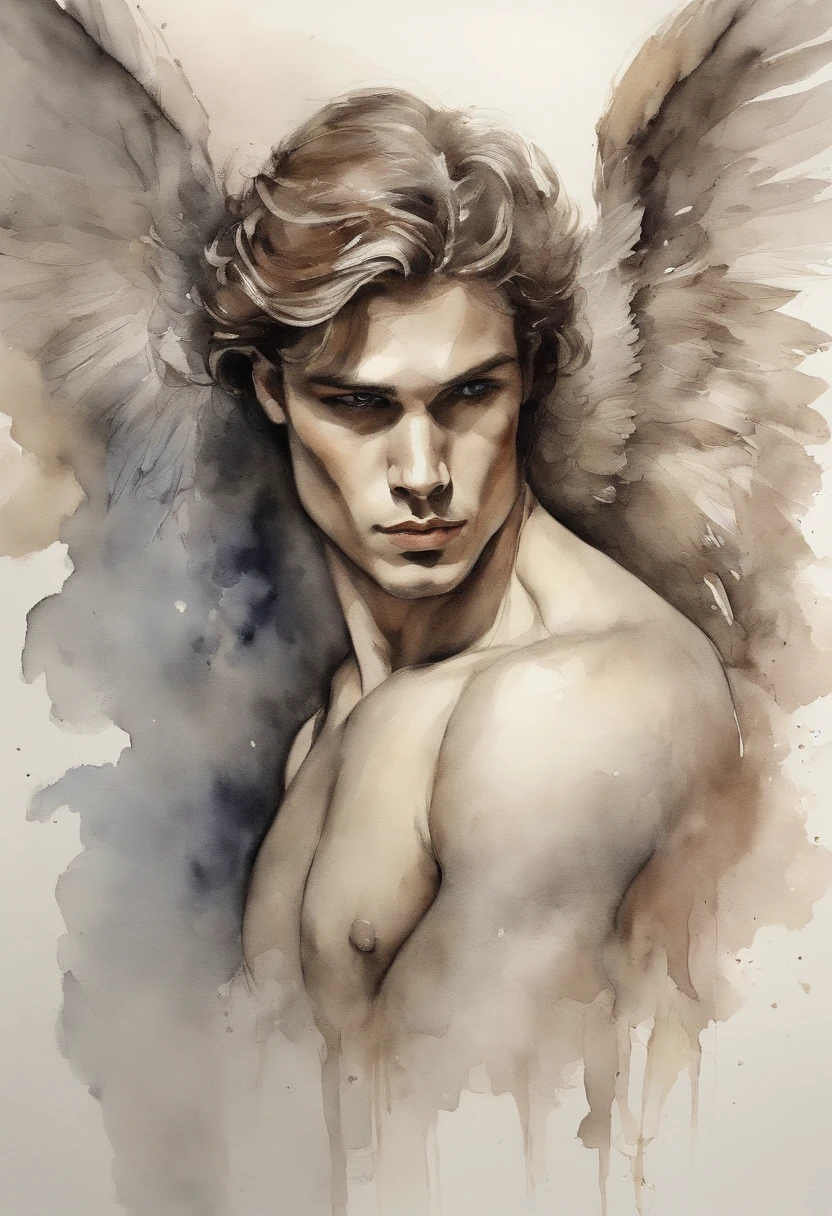 A zoomed in view of a handsome and sexy young man with angel wings , capturado em cores , his eyes looking directly at the viewer with an intense expression, his features etched with a sense of mystery and allure, cercado por tufos de neblina, adding an ethereal touch, Escultura,  Homen sexy Bonito atletico beleza italiana angelical com asas e plumas . Aquarela tinta pintura. Textura de tintas aquarela pingos e respingos de tinta  