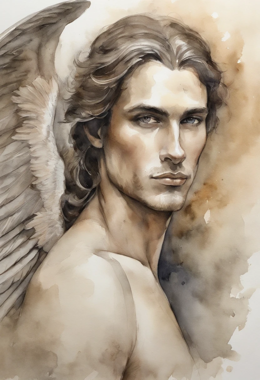 A zoomed in view of a handsome and sexy young man with angel wings , capturado em cores , his eyes looking directly at the viewer with an intense expression, his features etched with a sense of mystery and allure, cercado por tufos de neblina, adding an ethereal touch, Escultura, Homen sexy Bonito atletico beleza italiana angelical com asas e plumas . Aquarela tinta pintura. Textura de tintas aquarela pingos e respingos de tinta