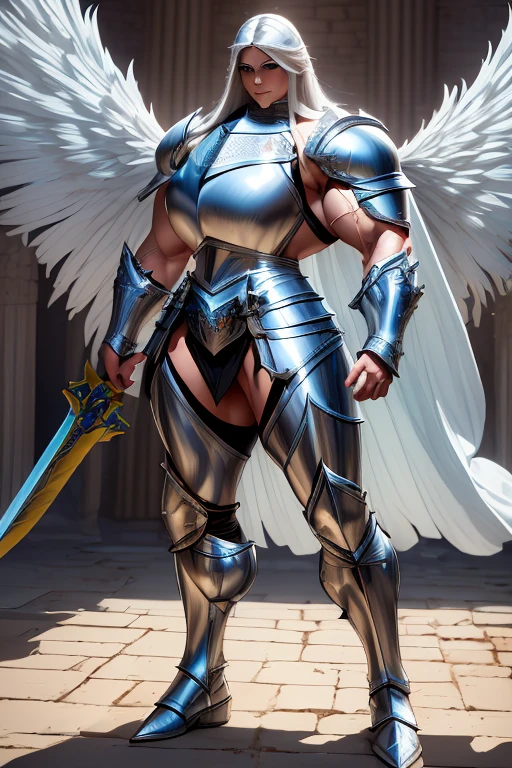 ((((Massive, tall, beautiful, buff, muscular light brown skinned female knight with white hair, black lipstick, huge angle wings, ginormous bulky muscles, holding a sword and shield and wearing an all white gleaming knight armor with hauberk and pants)))), {close view}, black eyeliner, massive muscles, massive biceps, hyper muscle triceps, (long straight hair), blue eyes, giant angel wings, knight boots, In a castle, hauberk, steel knight armor, armor breastplate, nighttime, confident smile, hyper muscles arms, hyper muscle legs, ginormous arms