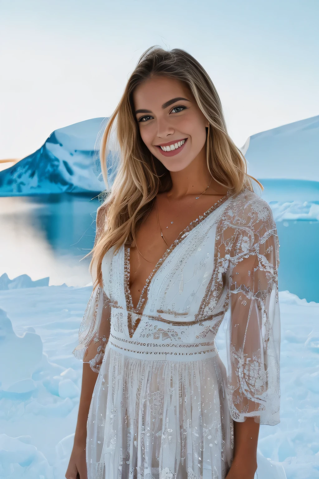 a cute woman smiling at the camera, wearing a stunning embroidered dress in Antarctica, cinematic, film grain