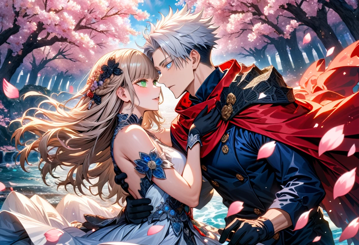 Ultra detailed, highres, absurdres, HDR, master piece, Gojo Satoru, white hair with bangs, hair between the eyes, white eyelashes, expressive blue eyes, Aida, ash blond hair with bangs, green eyes, white fantasy dress with black patterns, red cape, Jujutsu Kaisen, fantasy, petals, cherry blossoms, water, black ribbon on her hair, black gloves, a handsome man together with a beautiful woman, sexy, couple, love, magic, best quality