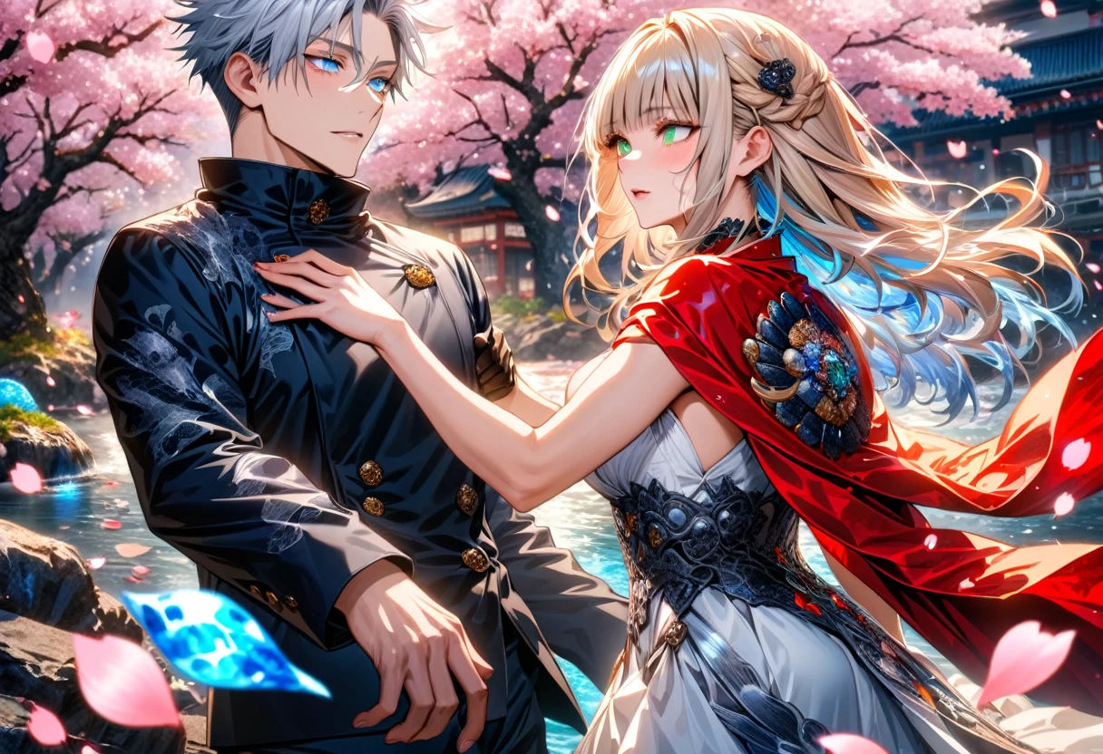Ultra detailed, highres, absurdres, HDR, master piece, Gojo Satoru, white hair with bangs, hair between the eyes, white eyelashes, expressive blue eyes, Aida, ash blond hair with bangs, green eyes, white fantasy dress with black patterns, red cape, Jujutsu Kaisen, fantasy, petals, cherry blossoms, water, black ribbon on her hair, black gloves, a handsome man together with a beautiful woman, sexy, couple, love, magic, best quality