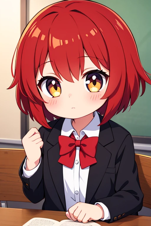 Girl, fair skin, gold eyes, short red fluffy hair, black blazer, HD, cute, anime, {girl}