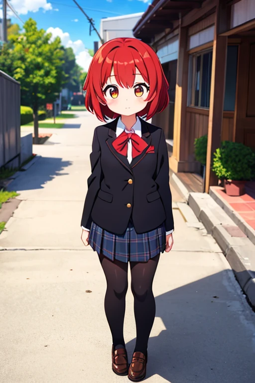 Girl, fair skin, gold eyes, short red fluffy hair, black blazer, HD, cute, anime, {schoolgirl}