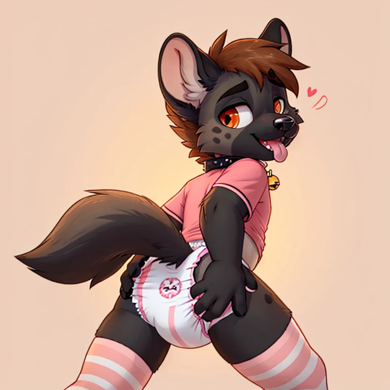 Anthropomorphic male spotted hyena with dark orange eyes, solo, wearing a pink kids shirt, pink thigh high socks with white stripes, kids  and a collar with a bell, dark colored fur, looking at viewer, half eyes closed, digital art, no background, showing his , back view, hands on , very  face, toching his , masculine body, different views, full body view,  pose, tongue out, very  face, presenting legs,  loudly, exposed belly, very , black and dark grey fur, short tail, baby fur