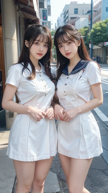 Two Asian women in uniform standing on a city street, Two Japanese female students posing, Japanese , wearing Japanese , Seifuku, Two beautiful anime girls, Ayami Kojima and Ryde Caldwell, Kantai Collection Style, Japanese Girls, Another close-up of Iwakura, Sailor suit, JK Uniform, Real young gravure idol, UHD, accurate, masterpiece, anatomically correct, textured skin, high details, best quality, 8k