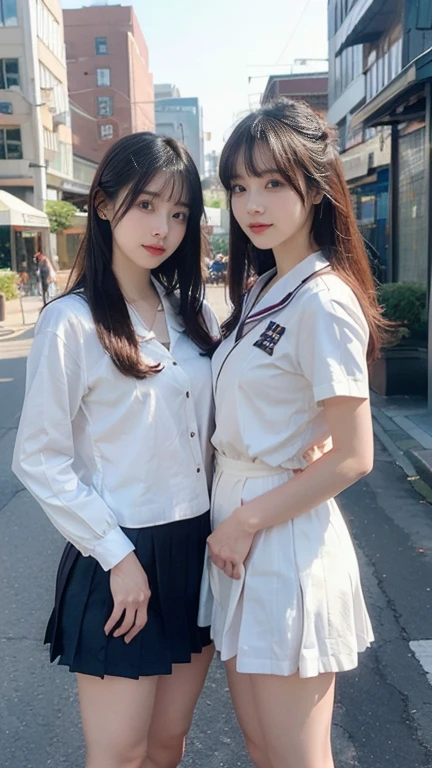 Two Asian women in uniform standing on a city street, Two Japanese female students posing, Japanese , wearing Japanese , Seifuku, Two beautiful anime girls, Ayami Kojima and Ryde Caldwell, Kantai Collection Style, Japanese Girls, Another close-up of Iwakura, Sailor suit, JK Uniform, Real young gravure idol, UHD, accurate, masterpiece, anatomically correct, textured skin, high details, best quality, 8k