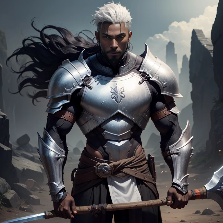 A dark skin male warrior with a great axe, short dark hair, no helmet, thin athletic, gray armor chest and shoulders