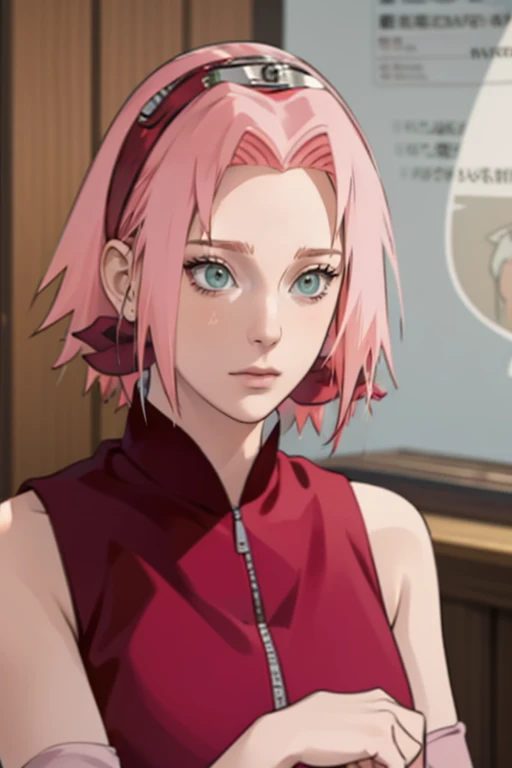 young woman, bubblegum pink hair tied in a bun, wide forehead, porcelain skin, pink eyebrows, emerald green eyes, upturned nose, thick pink lips, heart-shaped face, dark red clothes, Sakura Haruno, realism, well detailed, 3d
