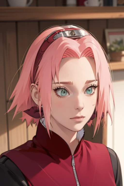 young woman, bubblegum pink hair tied in a bun, wide forehead, porcelain skin, pink eyebrows, emerald green eyes, upturned nose, thick pink lips, heart-shaped face, dark red clothes, Sakura Haruno, realism, well detailed, 3d