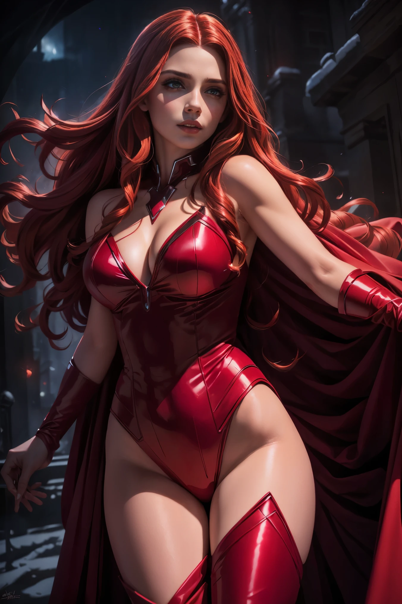 best quality,ultra-detailed,realistic,sexy scarlet witch,beautiful detailed eyes, beautiful detailed lips, long red hair, witch costume, glowing magical powers, intense gaze, confident posture, dark and mysterious background, vibrant colors, enchanting art style, dramatic lighting