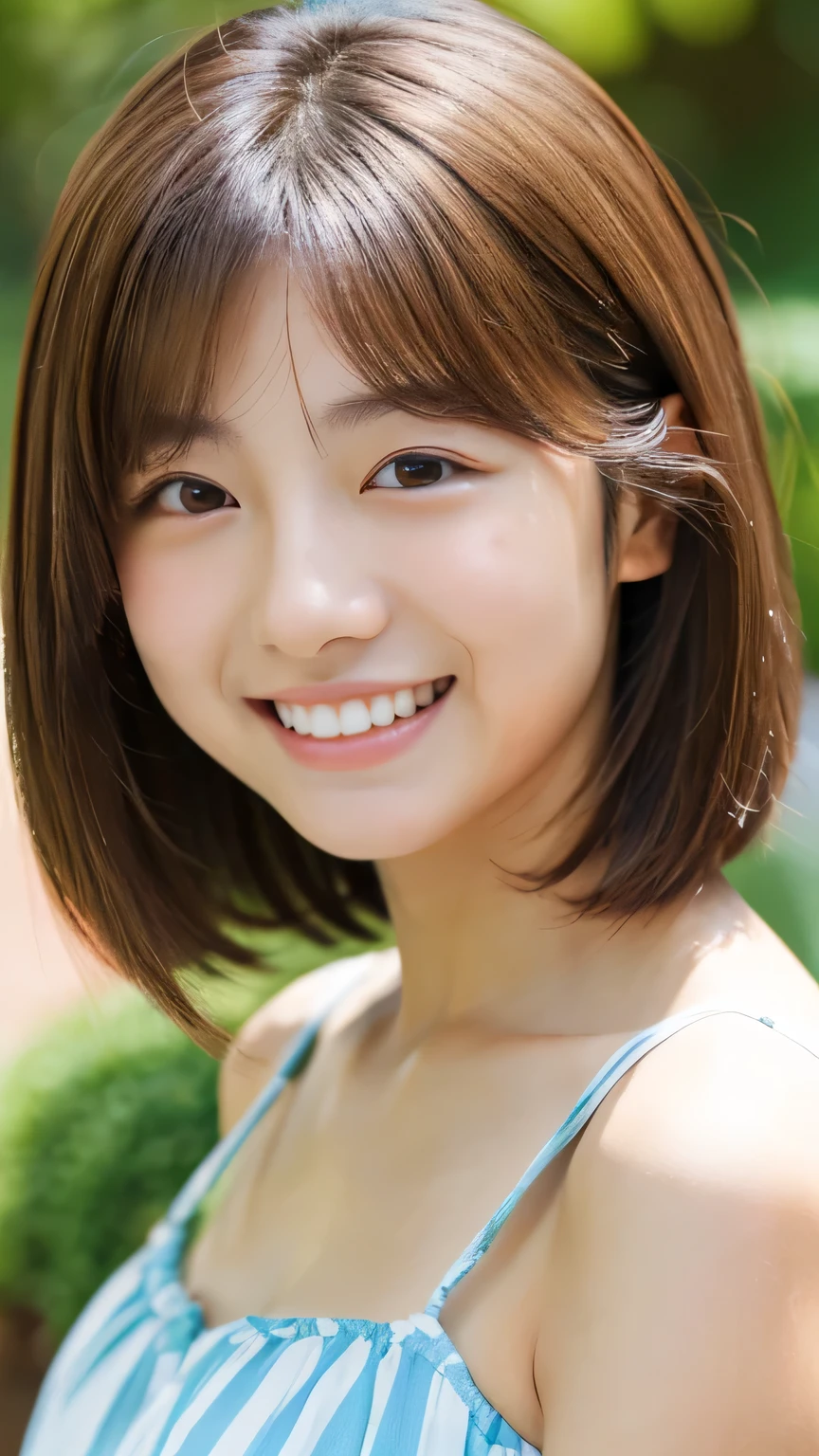 (masterpiece:1.2), Japanese, (((18 years old))), (a girl), outdoor, close up to face, light-brown hair, (((upper body))), short hair, (view from front), laughing, 