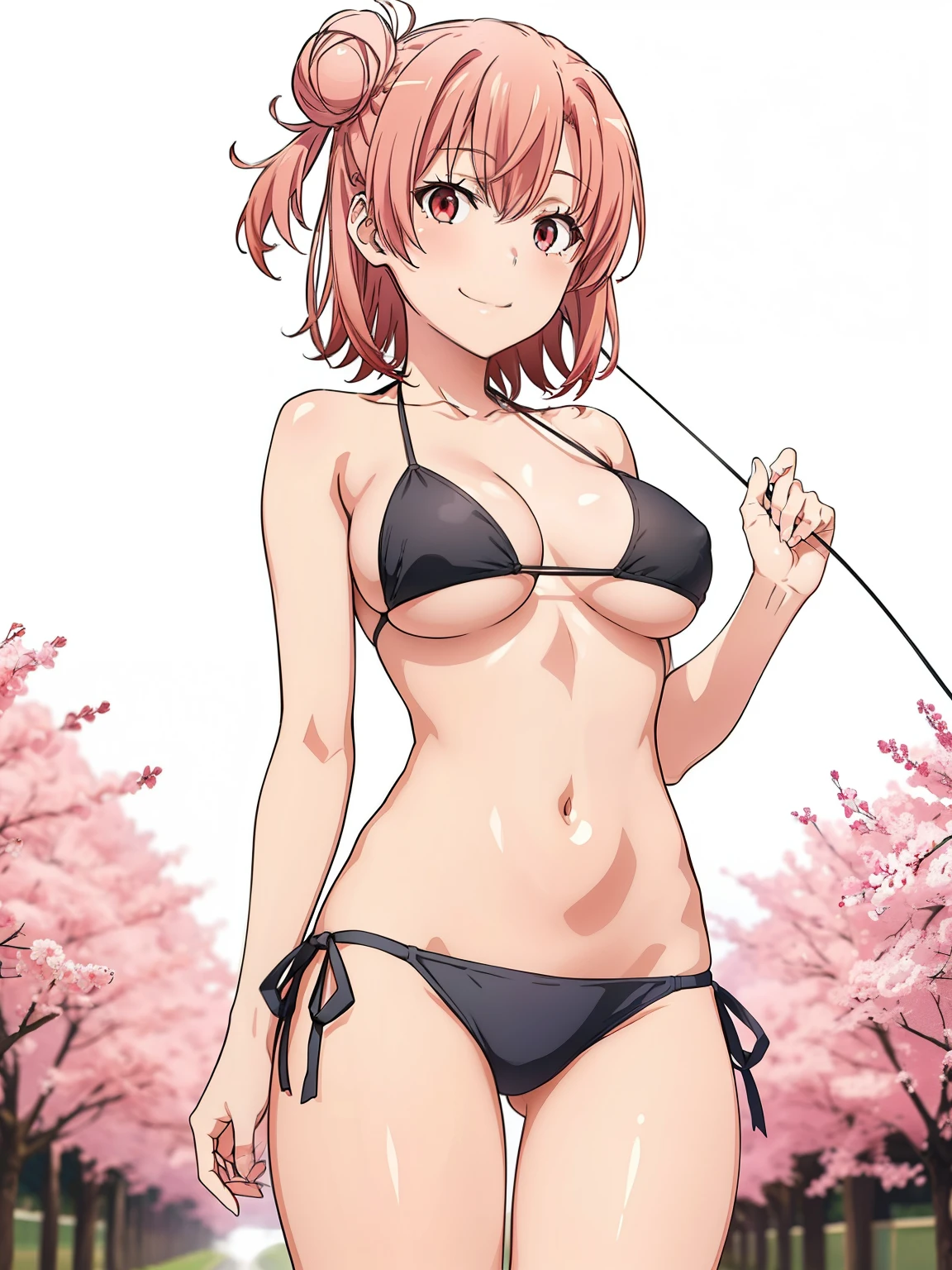 ((masutepiece, Best Quality, hight resolution, nffsw, Perfect Pixel, depth of fields, 4K, )), 1girl in, Solo, , Beautiful anime girl, Beautiful Art Style, Looking at Viewer, Perfect body, Yuigahama Yui, Short hair, thighs thighs thighs, pink hair, hairbun, (large boob), smile, slingshot bikini, seductive, blank white background, cowboy shot