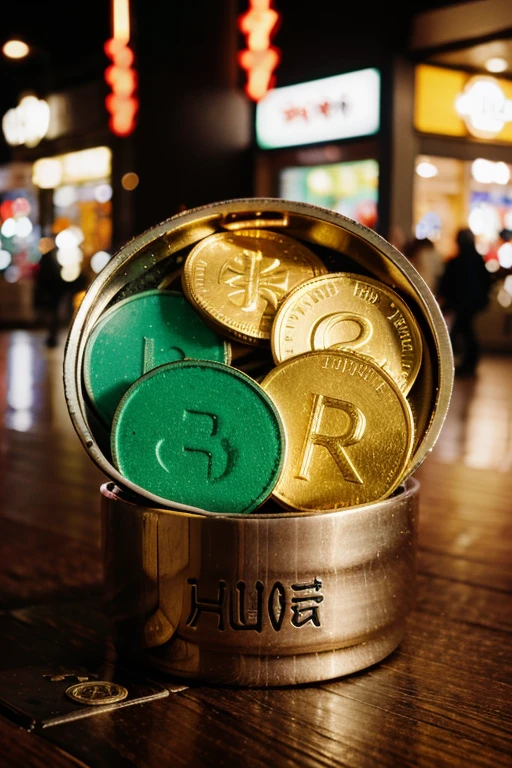Letters that say Huo-bi and that are inside a coin with a shopping center background